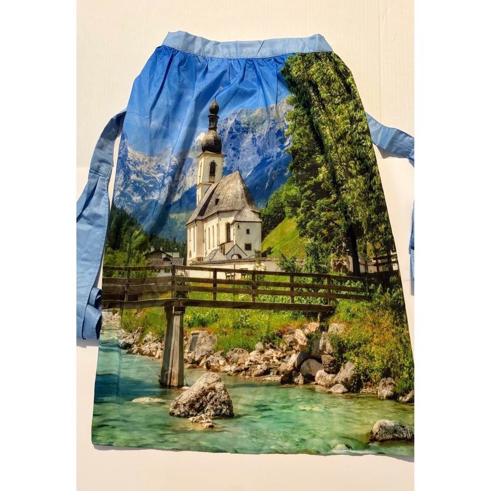 Vintage Alpine Church Landscape Print Dirndl Apron Blue Mountain Scenic Waist